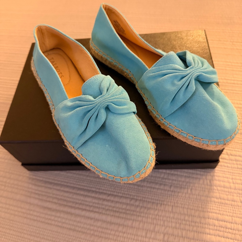 NEW Talbots Women's Izzy Cinched‎ Espadrille Flats Aqua Blue Suede Leather 7.5M